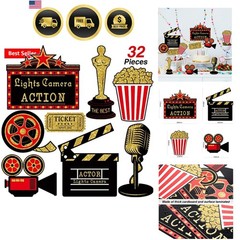32 Pieces Movie Party Decorations Red Carpet Cutouts Cards Table Toppers Movi…