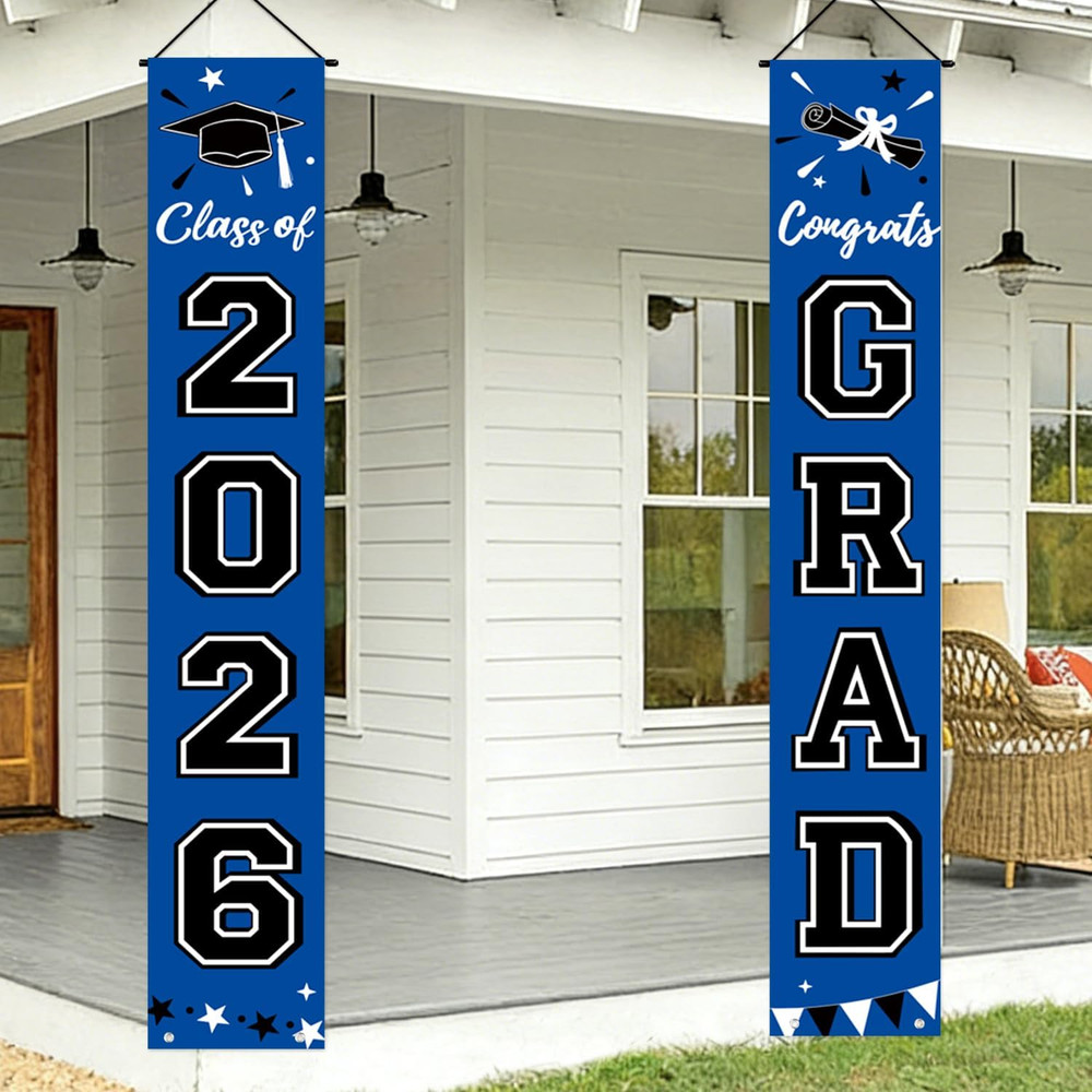 2Pcs 2026 Graduation Porch Banner Class of 2026 Congrats Grad Door Sign Decor