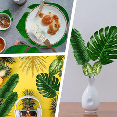 Tropical Party Decorations, 50 Pieces 7 Kinds Artificial Palm Leaves Green and G
