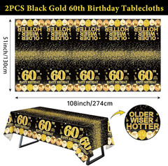 2pcs 60th Birthday Tablecloth, Black Gold 60th Birthday Decorations for Men Wome