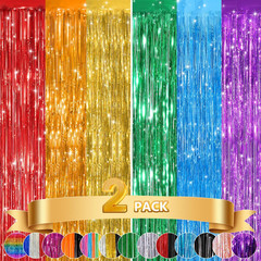 Rainbow Foil Fringe Curtains – 2 Pack Tinsel Backdrop for Parties & Events