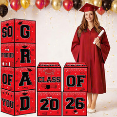 Red and Black Graduation Decorations 2026, 4Pcs Graduation Balloon Boxes with Le
