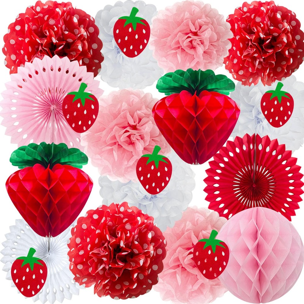 Strawberry Party Decorations Red Pink White Tissue Pom Poms Fans Honeycom Bal…