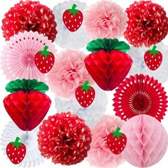 Strawberry Party Decorations Red Pink White Tissue Pom Poms Fans Honeycom Bal…