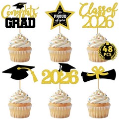 48 PCS Graduation Cupcake Toppers, 6 Styles Congrats Grad Cake Topper, Black …