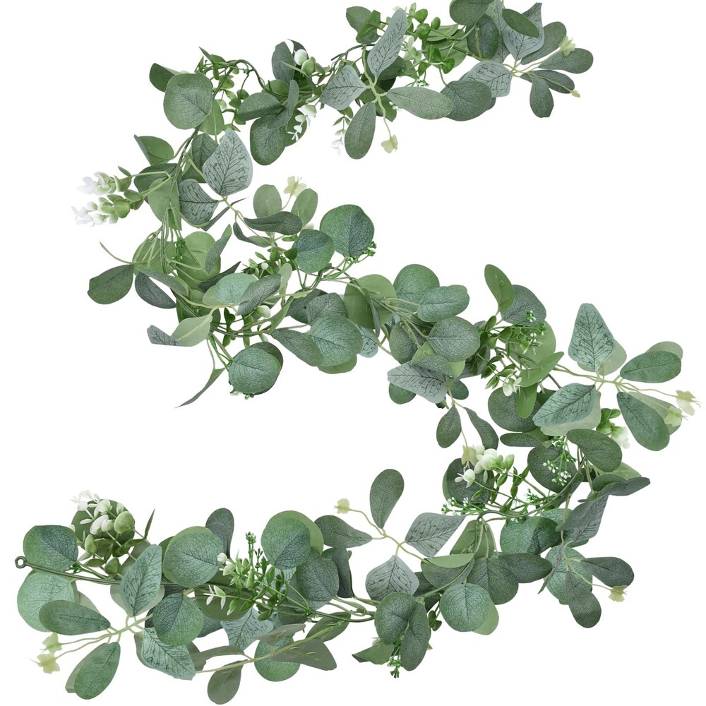 2 Pack Artificial Eucalyptus Garlands – 6ft Greenery 6 feet, Green White