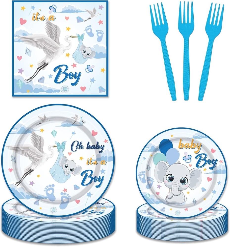 Stork Blue Baby Shower Disposable Tableware Set (Plates, Napkins, Forks)