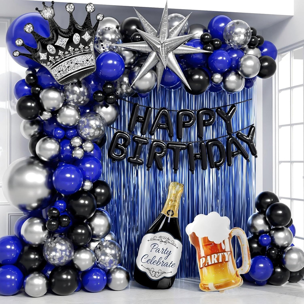 Blue and Black Happy Birthday Decorations for Men with Happy Birthday Banner, Fr