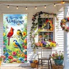 Spring Welcome Door Cover Decorations Spring Summer Bird Flower Door Banner E…