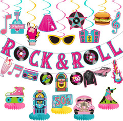 50’S Party Decorations Include Rock and Roll Banner, 50S Theme Hanging Swirls an