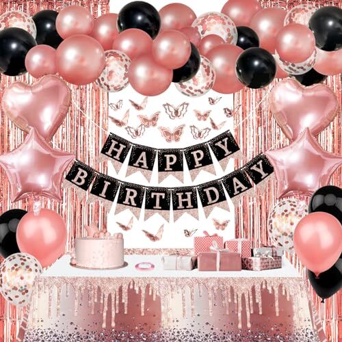 Birthday Party Decorations for Women, Rose Gold Black Happy Birthday Banner T…