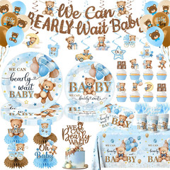 Blue Bear Baby Shower Decorations,219Pcs Baby Shower Tableware Set Banner, Plate