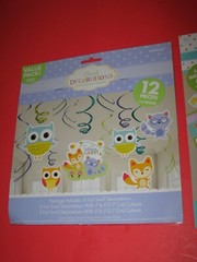 SWIRL DECORATIONS 12PC – BABY – OWLS, RACCOON, SQUIRREL – BRAND NEW
