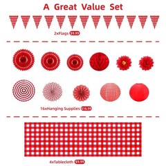 22 Pcs Red Gingham Party Supplies, and White Decorations Include Hanging Paper