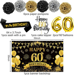 42PCS 60Th Birthday Decoration Kit for Men Women, Black Gold Happy 60Th Bday Ban
