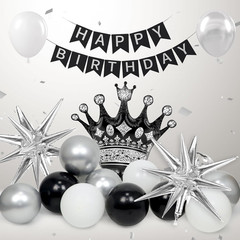 Black Birthday Decorations for Men with White Black and Silver Balloons Banner M