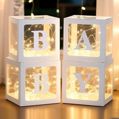 Baby Shower Letter Boxes with LED Lights – 4 Clear Balloon Decor Blocks for Gend
