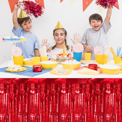 2 Packs Red Table Skirts Metallic Foil Fringe Table Skirt Streamer Backdrop for
