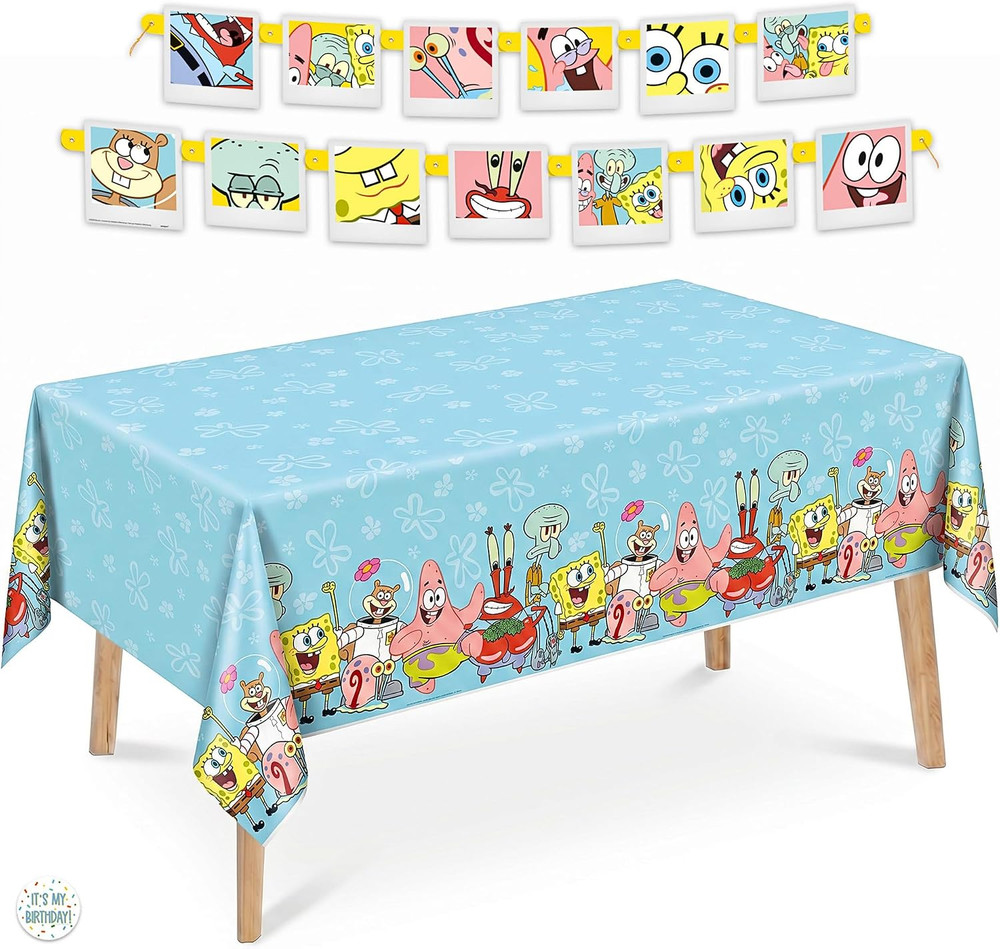 Spongebob Table Cloth and Birthday Banner | Spongebob Birthday Decorations and P