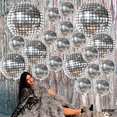 Katchon, Silver Disco Ball Balloons – 32 Inch, Pack of 20 | Shiny Disco Ball for