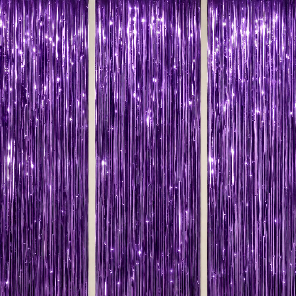 DECOCKRAT 3 Pack Foil Fringe Backdrop – Purple Shiny Tinsel Curtains for Party D