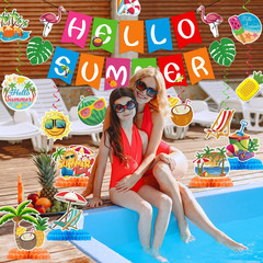 Summer Party Decorations, Hello Summer Banner Hanging Swirls and Honeycomb Cente