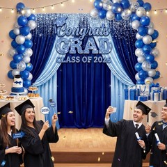 Large Class of 2026 Graduation Backdrop 5.9×6.6ft Blue Congrats Grad Photo Props