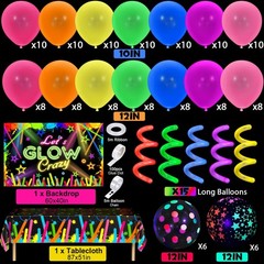 161Pcs Neon Party Decorations – Glow in the Dark Balloons, Arch Kit & Tablecloth