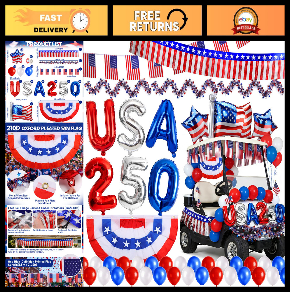 48PCS Patriotic Golf Cart Decorations Kit – 250th Anniversary USA Decor Set, Red