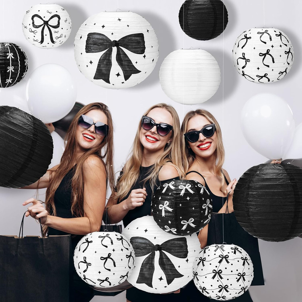 12 Pcs Black Bow Paper Lanterns Black Bow Birthday Party Decorations Birthday…