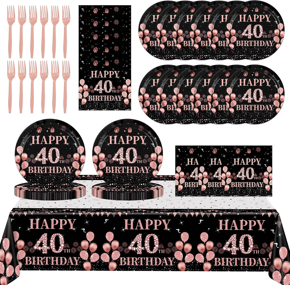 Rose Gold Birthday Tableware,40th Birthday Decorations for Women,61Pcs Rose Gold