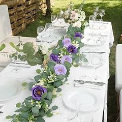 2 Pack 13Ft Artificial Eucalyptus Flower Garland with Purple Roses, Fake Rose