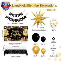 Black and Gold Birthday Decorations for Men Women, 71Pcs Black and Gold Party De