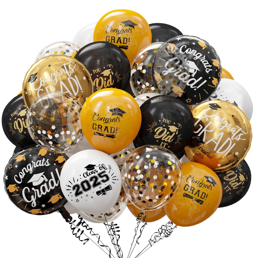 Graduation Balloons for Class of 2025 – Gold and Black Grad Latex Confetti Ballo