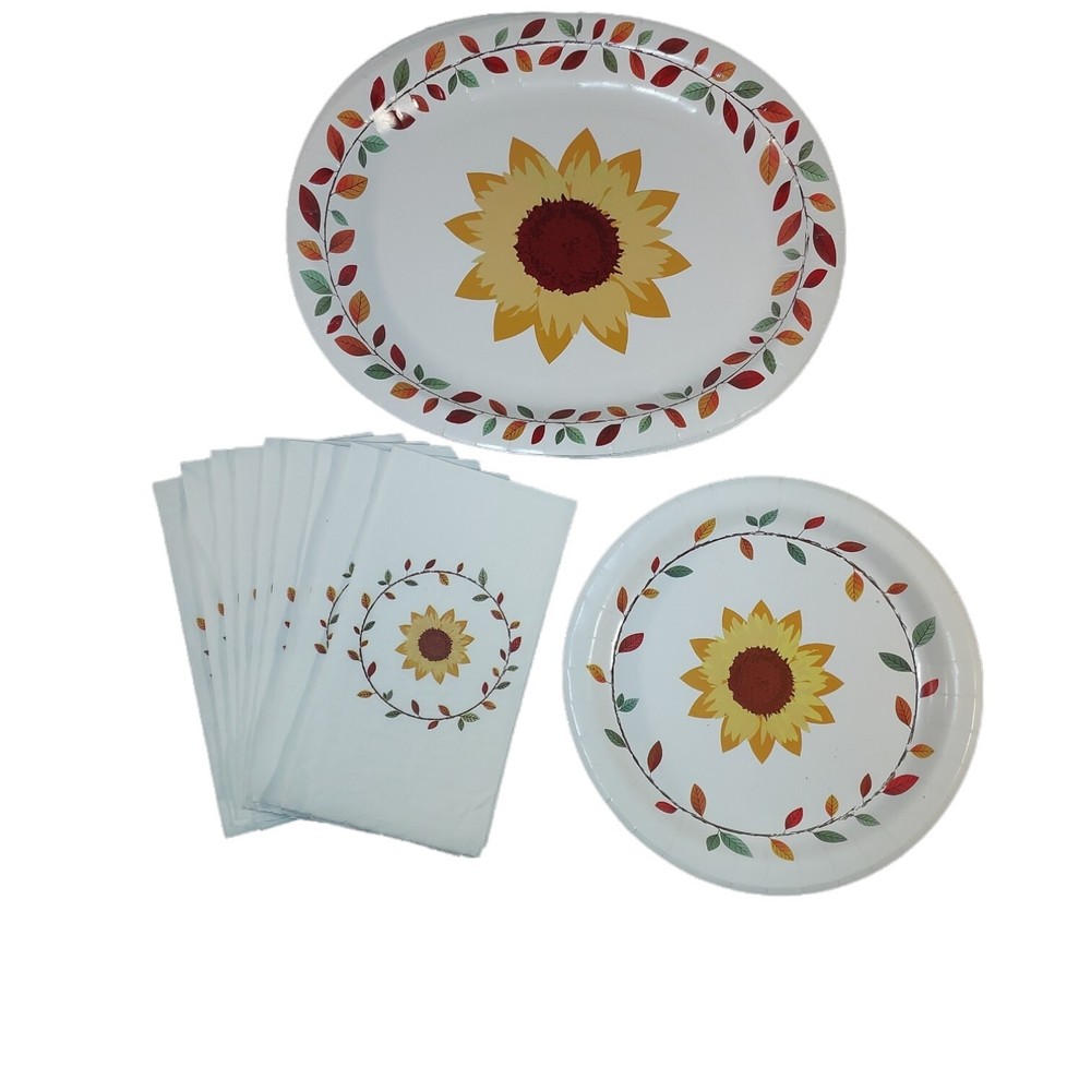Sunflower Party Plates Platters Napkins Service for 14 Thanksgiving Fall Party