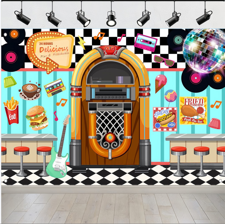 50s Retro Rock Roll Diner Backdrop Banner 1950s Sock Hop Background Party Decor