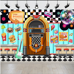 50s Retro Rock Roll Diner Backdrop Banner 1950s Sock Hop Background Party Decor