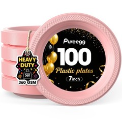 Pureegg Heavy Duty Pink Plastic Plates, 100-Count, 7 Inch Disposable Plates -…