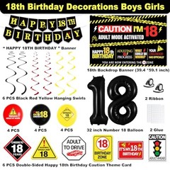 18th Birthday Decorations for Boys Girls, Caution Logos 18th Black Red Yellow