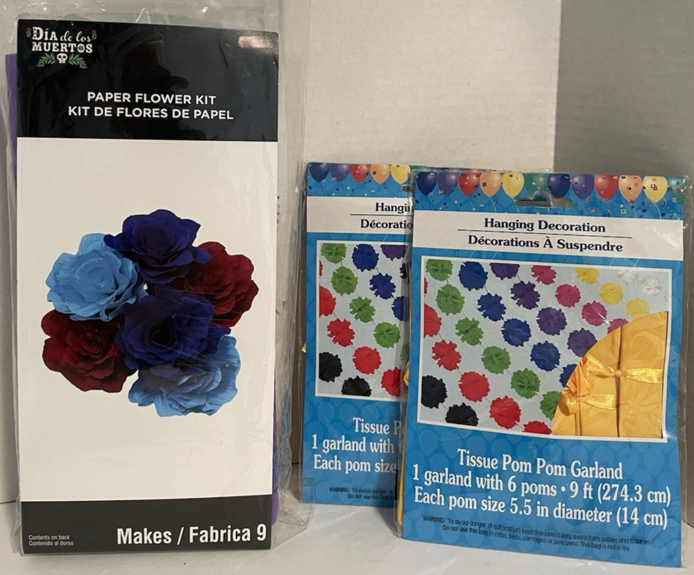 1- «Paper Flower Kit» by Dia de los Muertos and 2- «Tissue Pom Pom Garland»