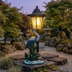 For Outdoor Solar Crane Statue with Warm LED Lantern 13.6in Height Resin