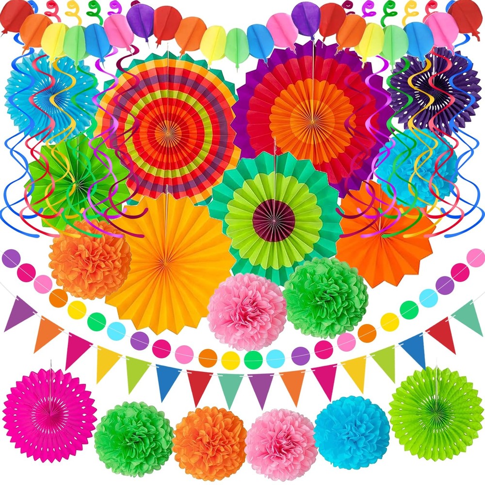 33Pcs Fiesta Decorations Cinco De Mayo Decorations Multi-Color Fans Garlands …