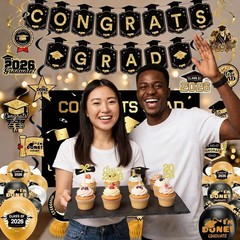 Graduation Decorations 2026 Black Gold Party Decor Set Grad Banner Class of 2…
