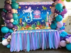 Birthday Backdrop Mermaid-Under the Sea Theme (8x6FT) Baby Shower, Blue & Purple