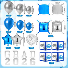 133 Pcs Graduation Decorations 2026 Kit Class of 2026 Blue Silver Balloons Arch