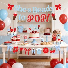 Cherry and Bow Baby Shower Decorations,She’s Ready to Pop Banner Red and Blue…