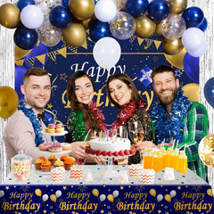 Blue and Gold Birthday Decorations for Men Women, Happy Birthday Decorations fo