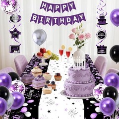 Black Purple Birthday Decorations for Women Girls Men, Purple and Silver Party