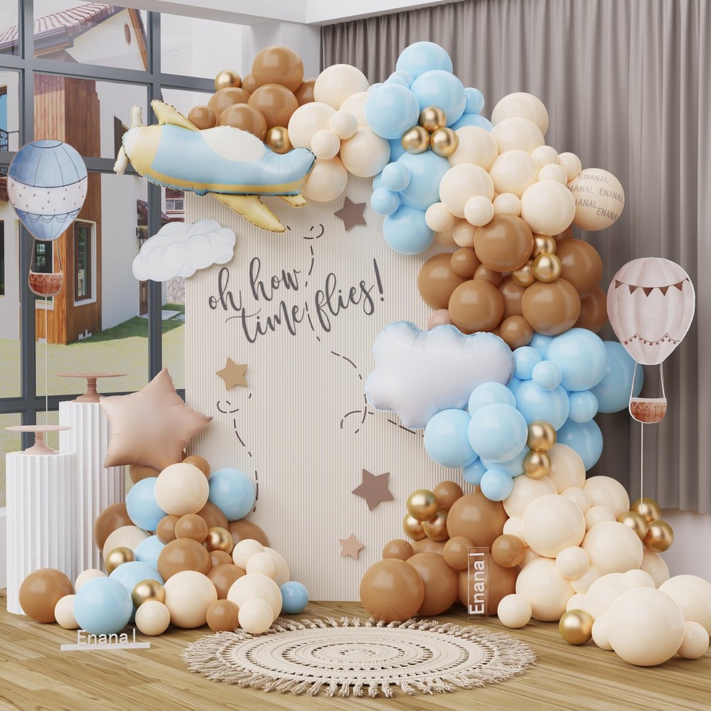 Time Flies Balloon Garland Arch Kit, 155pcs Brown Blue Beige and Airplane Clo…