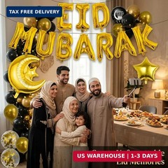 Eid Mubarak Decorations Set – Black and Gold Ramadan Party Supplies including Ba